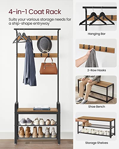 VASAGLE Coat Rack, Hall Tree with Shoe Bench for Entryway, Entryway Bench with Coat Rack, 4-in-1, with 9 Removable Hooks, a Hanging Rod, 13.3 x 28.3 x 72.1 Inches, Honey Brown and Black UHSR040B05