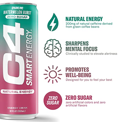 C4 Smart Energy Drink – Boost Focus and Energy with Zero Sugar, Natural Energy, and Nootropics - 200mg Caffeine - Cherry Berry Lime (12oz Pack of 12)