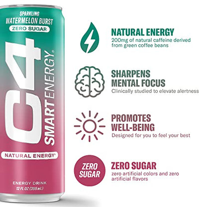 C4 Smart Energy Drink – Boost Focus and Energy with Zero Sugar, Natural Energy, and Nootropics - 200mg Caffeine - Cherry Berry Lime (12oz Pack of 12)