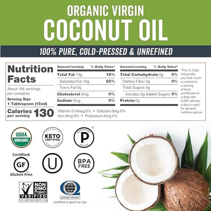 Viva Naturals Organic Coconut Oil - Unrefined, Cold-Pressed Extra Virgin Coconut Oil, USDA Organic and Non-GMO Cooking Oil, Great as Hair Oil and Skin Oil, 16 fl oz