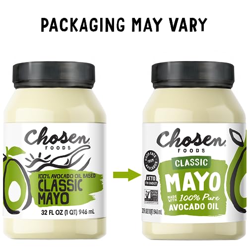 Chosen Foods 100% Avocado Oil-Based Classic Mayonnaise, Gluten & Dairy Free, Low-Carb, Keto & Paleo Diet Friendly, Mayo for Sandwiches, Dressings and Sauces, Made with Cage Free Eggs (32 Fl Oz)