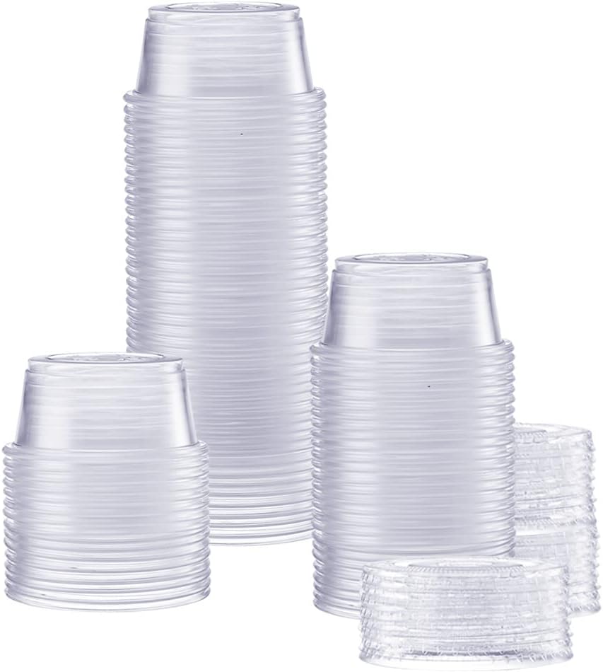 Comfy Package [2 oz. - 100 Count Clear Disposable Plastic Portion Cups with Lids - Soufflé Cups, Jello Shot Cups With Lids, Clear Plastic Containers With Lids