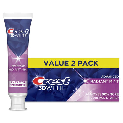 Crest 3D White Advanced Teeth Whitening Toothpaste, Radiant Mint, 3.3 oz, Pack of 2