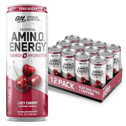 Optimum Nutrition Amino Energy Sparkling Hydration Drink, Electrolytes, Caffeine, Amino Acids, BCAAs, Sugar Free, Juicy Strawberry, 12 Fl Oz, 12 Pack (Packaging May Vary)