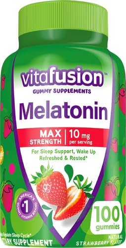 Vitafusion Max Strength Melatonin Gummy Supplements, Strawberry Flavored, 10 mg Melatonin Sleep Supplements, America’s Number 1 Gummy Vitamin Brand, 50 Day Supply, 100 Count