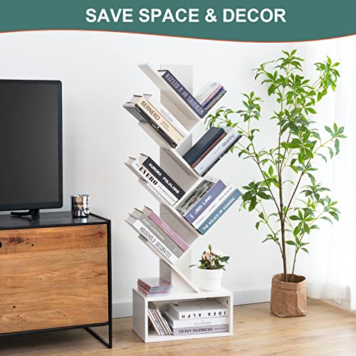 Yoobure Tree Bookshelf - 6 Shelf Retro Floor Standing Bookcase, Tall Wood Book Storage Rack for CDs/Movies/Books, Utility Book Organizer Shelves for Bedroom, Living Room, Home Office