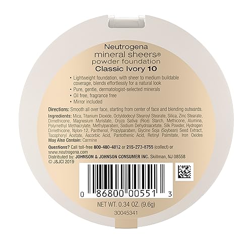 Neutrogena Mineral Sheers Compact Powder Foundation, Lightweight & Oil-Free Mineral Foundation, Fragrance-Free, Nude 40,.34 oz