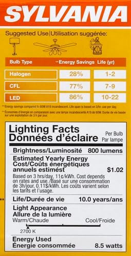 SYLVANIA LED A19 Light Bulb, 60W Equivalent Efficient 8.5W Medium Base, 2700K Soft White, 4 pack