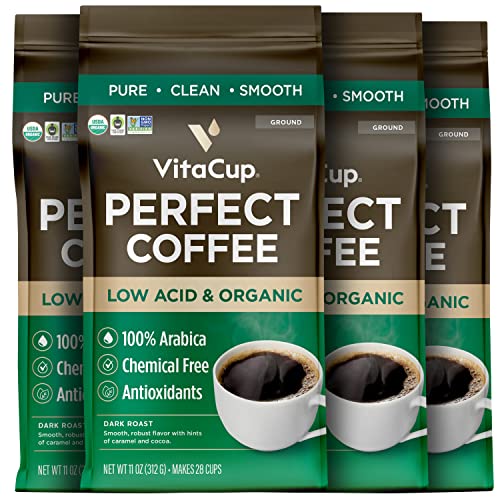 VitaCup Perfect Low Acid Coffee Ground, USDA Organic & Fair Trade, Mycotoxin Free, Dark Roast Guatemala Single Origin, Clean & Pure for Drip Coffee Brewers and French Press, 11 ounces