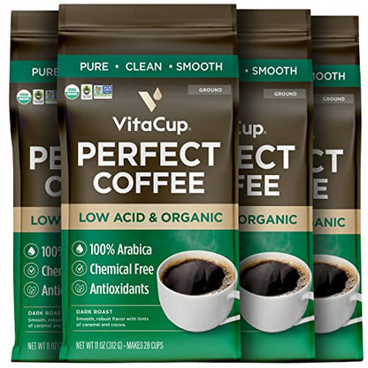 VitaCup Perfect Low Acid Coffee Ground, USDA Organic & Fair Trade, Mycotoxin Free, Dark Roast Guatemala Single Origin, Clean & Pure for Drip Coffee Brewers and French Press, 11 ounces