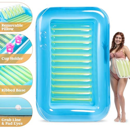 Sloosh Inflatable Tanning Pool Lounge Float, 70" x 46" Suntan Tub Raft Floatie, Tanning Pool with Pillow, Personal Pool Lounger for Adult Summer Water Party, L-Blue