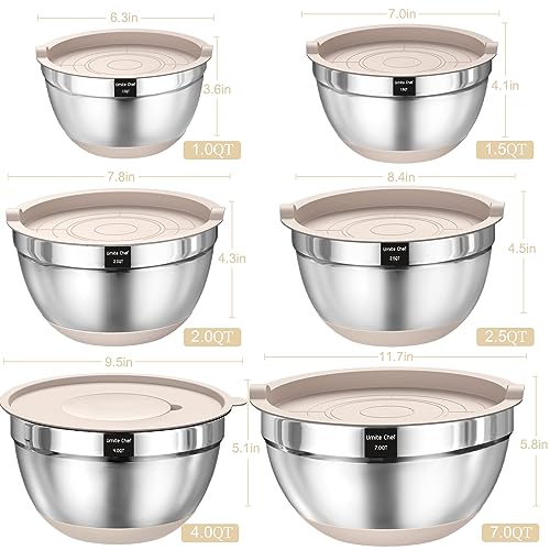 Mixing Bowls with Airtight Lids Set, 26PCS Stainless Steel Khaki Bowls with Grater Attachments, Non-Slip Bottoms & Kitchen Gadgets Set, Size 7, 4, 2.5, 2.0,1.5, 1QT, Great for Mixing & Serving