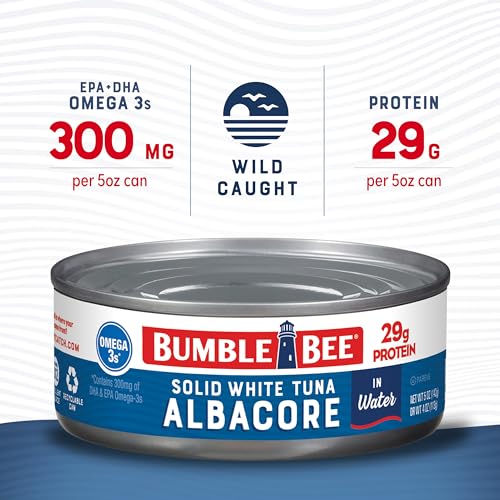 Bumble Bee Solid White Albacore Tuna in Water, 5 oz Can (Pack of 8) - Wild Caught Tuna - 29g Protein per Serving, High in Omega-3s - Non-GMO Project Verified, Gluten Free, Kosher