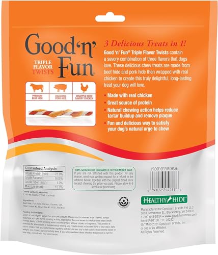 Good'n'Fun Triple Flavor Twists, Dog Chew Sticks, Premium Chicken and Beef Hide Treats for Dogs, 70 Count