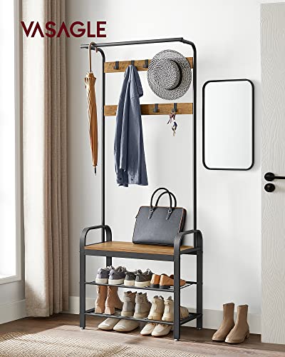 VASAGLE Coat Rack, Hall Tree with Shoe Bench for Entryway, Entryway Bench with Coat Rack, 4-in-1, with 9 Removable Hooks, a Hanging Rod, 13.3 x 28.3 x 72.1 Inches, Honey Brown and Black UHSR040B05