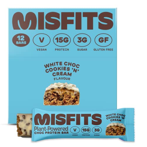 Misfits Vegan Protein Bar, Variety Pack, Plant Based Chocolate Protein Bars, High Protein Snacks for Adults with 15g Plant Protein Per Bar, Low Carb, 1g Sugar, High Fiber, Healthy Snack Food, 12 Pack