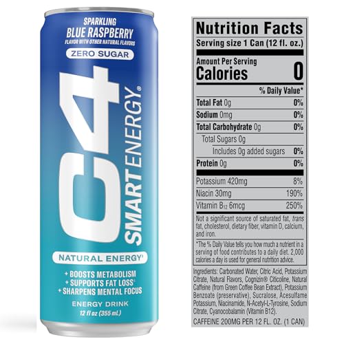 C4 Smart Energy Drink – Boost Focus and Energy with Zero Sugar, Natural Energy, and Nootropics - 200mg Caffeine - Cherry Berry Lime (12oz Pack of 12)