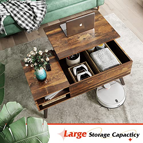 WLIVE Wood Lift Top Coffee Table with Hidden Compartment and Adjustable Storage Shelf, Lift Tabletop Dining Table for Home Living Room, Office, Rustic Oak