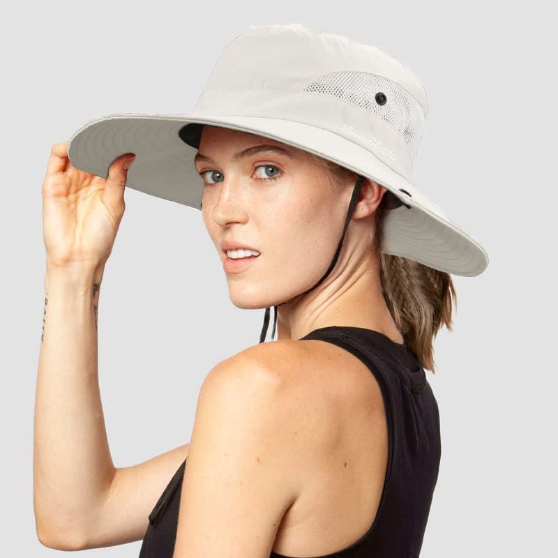 Women's Outdoor UV-Protection-Foldable Sun-Hats Mesh Wide-Brim Beach Fishing Hat with Ponytail-Hole