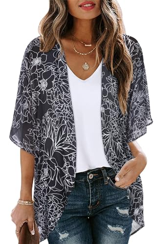 Women's Floral Print Puff Sleeve Kimono Cardigan Loose Cover Up Casual Blouse Tops