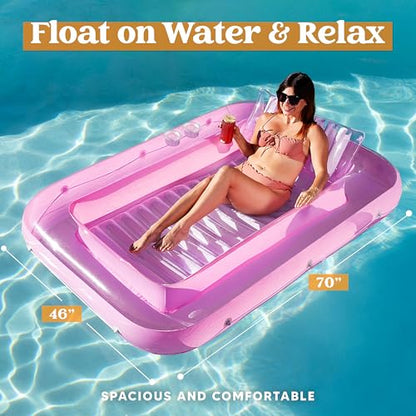 Sloosh Inflatable Tanning Pool Lounge Float, 70" x 46" Suntan Tub Raft Floatie, Tanning Pool with Pillow, Personal Pool Lounger for Adult Summer Water Party, L-Blue