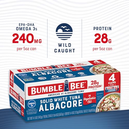 Bumble Bee Solid White Albacore Tuna in Water, 5 oz Can (Pack of 8) - Wild Caught Tuna - 29g Protein per Serving, High in Omega-3s - Non-GMO Project Verified, Gluten Free, Kosher