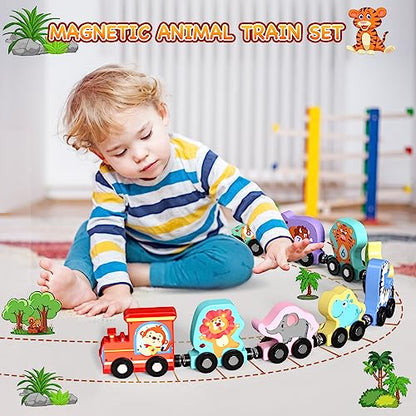 Toys for Toddlers, 11 Magnetic Wooden Animals Train Set, Montessori Toys for Toddlers, Preschool Learning Activities for kids, Birthday Gifts for Boys, Girls