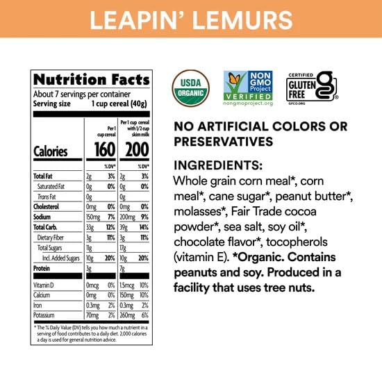 EnviroKidz Leapin’ Lemurs Peanut Butter & Chocolate Organic Cereal,10 Oz Box,Gluten Free