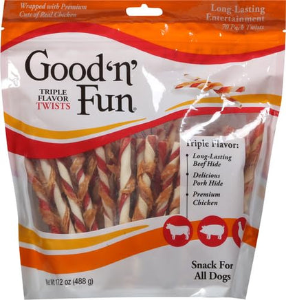 Good'n'Fun Triple Flavor Twists, Dog Chew Sticks, Premium Chicken and Beef Hide Treats for Dogs, 70 Count