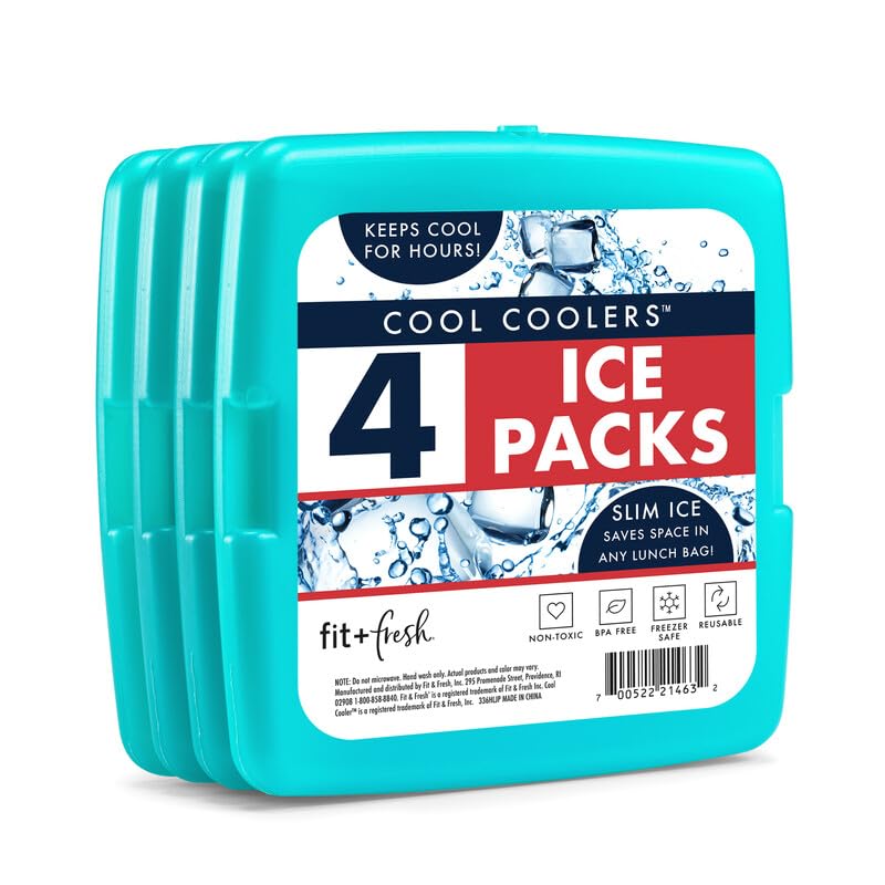 Cool Coolers By Fit & Fresh 4 Pack Slim Ice Packs, Quick Freeze Space Saving Reusable Ice Packs for Lunch Boxes or Coolers, Blue