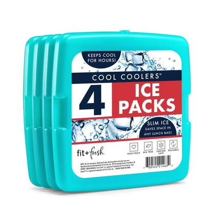 Cool Coolers By Fit & Fresh 4 Pack Slim Ice Packs, Quick Freeze Space Saving Reusable Ice Packs for Lunch Boxes or Coolers, Blue