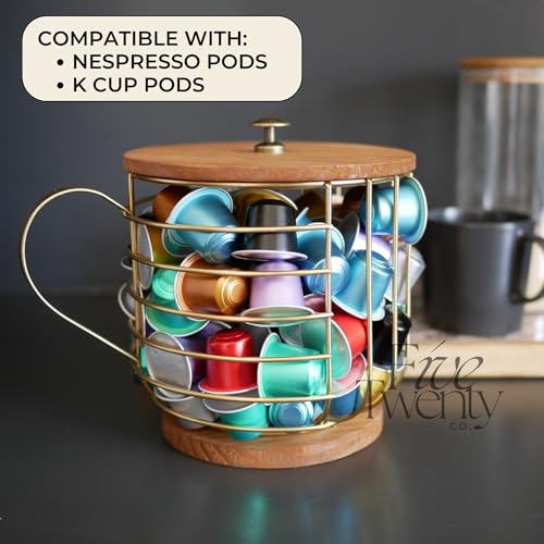 Coffee Pod Holder – Compatible with Nespresso Vertuo Pods and Capsules - Gold Metal K Cup Holder - Cute Coffee Pod Basket w/ Wooden Base & Lid - Coffee Pod Storage - Coffee Bar Decor