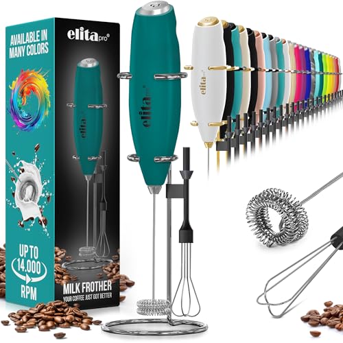 ElitaPro Powerful Milk Frother Wand - 2 in 1 Handheld Coffee Frother and Egg Beater - Mini Foam Maker With Stand - Whisk Drink Mixer & Foamer for Coffee, Latte, Matcha, Hot Chocolate (Exec Black)