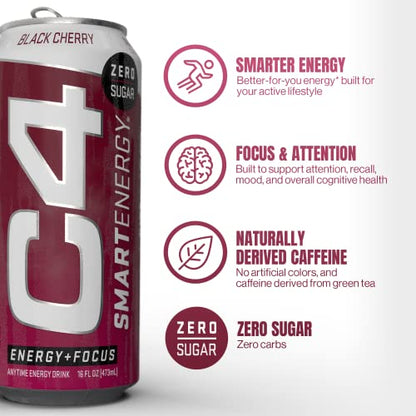 C4 Smart Energy Drink – Boost Focus and Energy with Zero Sugar, Natural Energy, and Nootropics - 200mg Caffeine - Cherry Berry Lime (12oz Pack of 12)