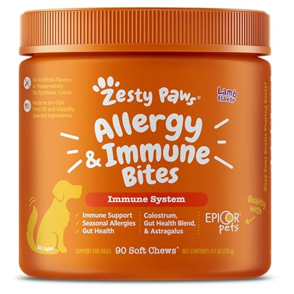 Zesty Paws Dog Allergy Relief - Anti Itch Supplement - Omega 3 Probiotics for Dogs - Digestive Health - Soft Chews for Skin & Seasonal Allergies - with Epicor Pets - Lamb - 50 Count