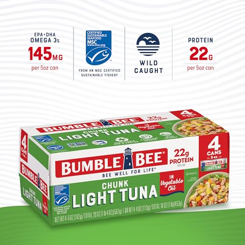 Bumble Bee Chunk Light Tuna In Water, 5 oz Cans (Pack of 24) - Wild Caught Skipjack Tuna - 23g Protein Per Serving - MSC Certified Sustainable Seafood, Non-GMO, Gluten Free, Kosher