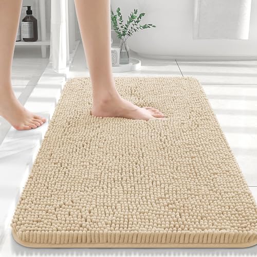 OLANLY Bathroom Rugs 24x16, Extra Soft Absorbent Chenille Bath Rugs, Non-Slip, Dry Quickly, Machine Washable, Bath Mats for Bathroom Floor, Tub and Shower, Beige