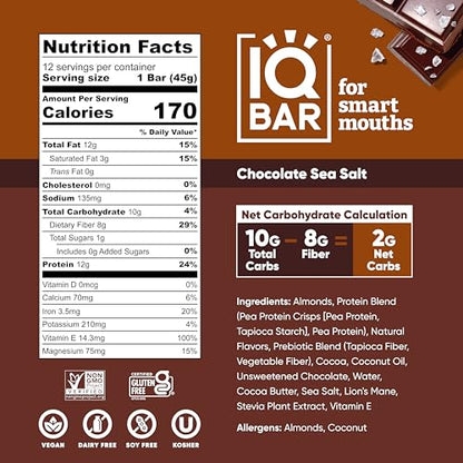 IQBAR Brain and Body Plant Protein Bars - Almond Butter Chip - 12 Count, Low Carb, High Fiber, Gluten Free, Vegan Snacks - Low Sugar Keto Energy Bars