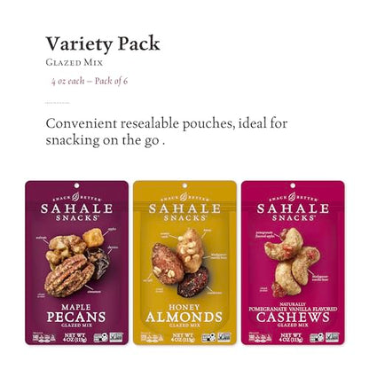 Sahale Snacks Glazed Mix Nut Blend Variety Pack, 1.5 Oz Grab & Go Bags (12 Total Packs) - Four Different Dry-Roasted Deluxe Mixed Nuts Blends Included - Non-GMO Kosher & Certified Gluten-Free Snacks