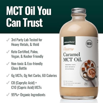 Natural Force 100% Virgin Coconut MCT Oil - 16oz Glass Bottle, Certified Keto, Paleo, Kosher, Vegan & Non-GMO