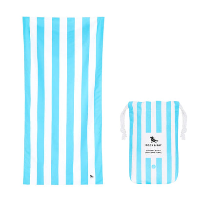 Dock & Bay Beach Towel - Quick Dry, Sand Free - Compact, Lightweight - 100% Recycled - includes Bag - Cabana - Bondi Blue - Extra Large (200x90cm, 78x35)