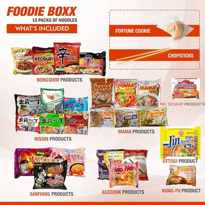 FOODIE BOXX Asian Instant Ramen Noodles Variety Pack with Cookies & Chopsticks (Dry)