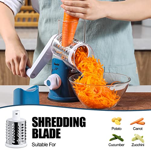 Geedel Rotary Cheese Grater, Kitchen Mandoline Vegetable Slicer with 3 Interchangeable Blades, Easy to Clean Grater for Fruit, Vegetables, Nuts