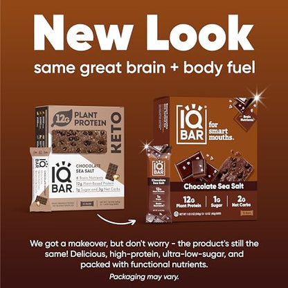 IQBAR Brain and Body Plant Protein Bars - Almond Butter Chip - 12 Count, Low Carb, High Fiber, Gluten Free, Vegan Snacks - Low Sugar Keto Energy Bars