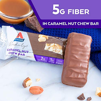 Atkins Endulge Caramel Nut Chew Bar, Dessert Favorite, 1g Sugar, Good Source of Fiber, Low Sugar, 10 Count