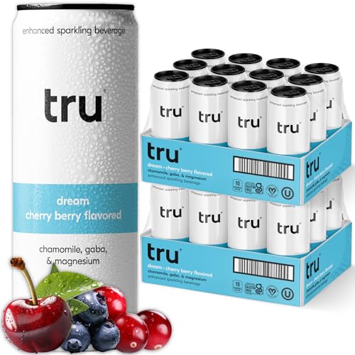 Tru Dream Seltzer, Sleep Aid Calming Drinks with Magnesium, Tart Cherry Fruit Juice Flavored Sparkling Water, Caffeine Free, Kosher, Gluten Free, Vegan, Low Calories, No Sugar Added Beverages, 12oz (Pack of 12)