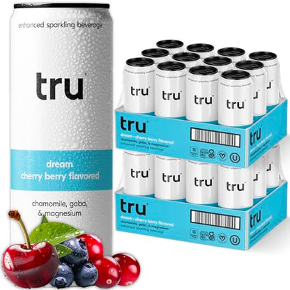 Tru Dream Seltzer, Sleep Aid Calming Drinks with Magnesium, Tart Cherry Fruit Juice Flavored Sparkling Water, Caffeine Free, Kosher, Gluten Free, Vegan, Low Calories, No Sugar Added Beverages, 12oz (Pack of 12)