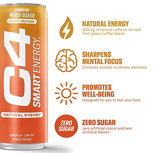 C4 Smart Energy Drink – Boost Focus and Energy with Zero Sugar, Natural Energy, and Nootropics - 200mg Caffeine - Cherry Berry Lime (12oz Pack of 12)