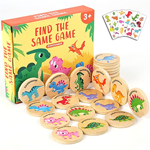 Wooden Match Memory Game for Kids, 24Pc Memory Matching Cards with 5Pc Tattoo Stickers, Educational Memory Matching Game for Pre-Kindergarten Early Learning Development Kids-Dinosaur