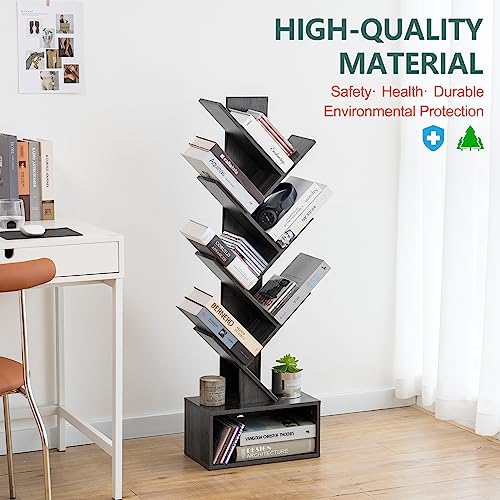 Yoobure Tree Bookshelf - 6 Shelf Retro Floor Standing Bookcase, Tall Wood Book Storage Rack for CDs/Movies/Books, Utility Book Organizer Shelves for Bedroom, Living Room, Home Office